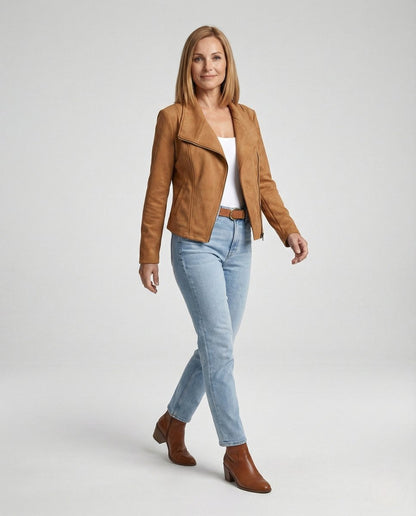 Elegant Suede Moto Jacket for Women with Wide Lapel Long Sleeve Zip Front Fitted Style