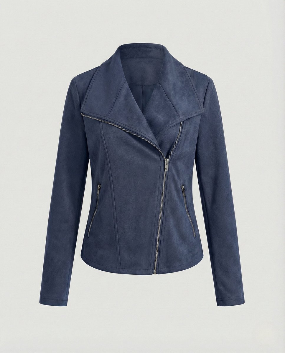 Elegant Suede Moto Jacket for Women with Wide Lapel Long Sleeve Zip Front Fitted Style