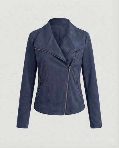 Elegant Suede Moto Jacket for Women with Wide Lapel Long Sleeve Zip Front Fitted Style