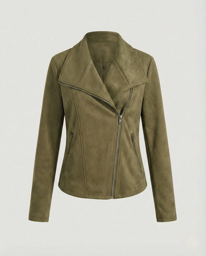 Elegant Suede Moto Jacket for Women with Wide Lapel Long Sleeve Zip Front Fitted Style