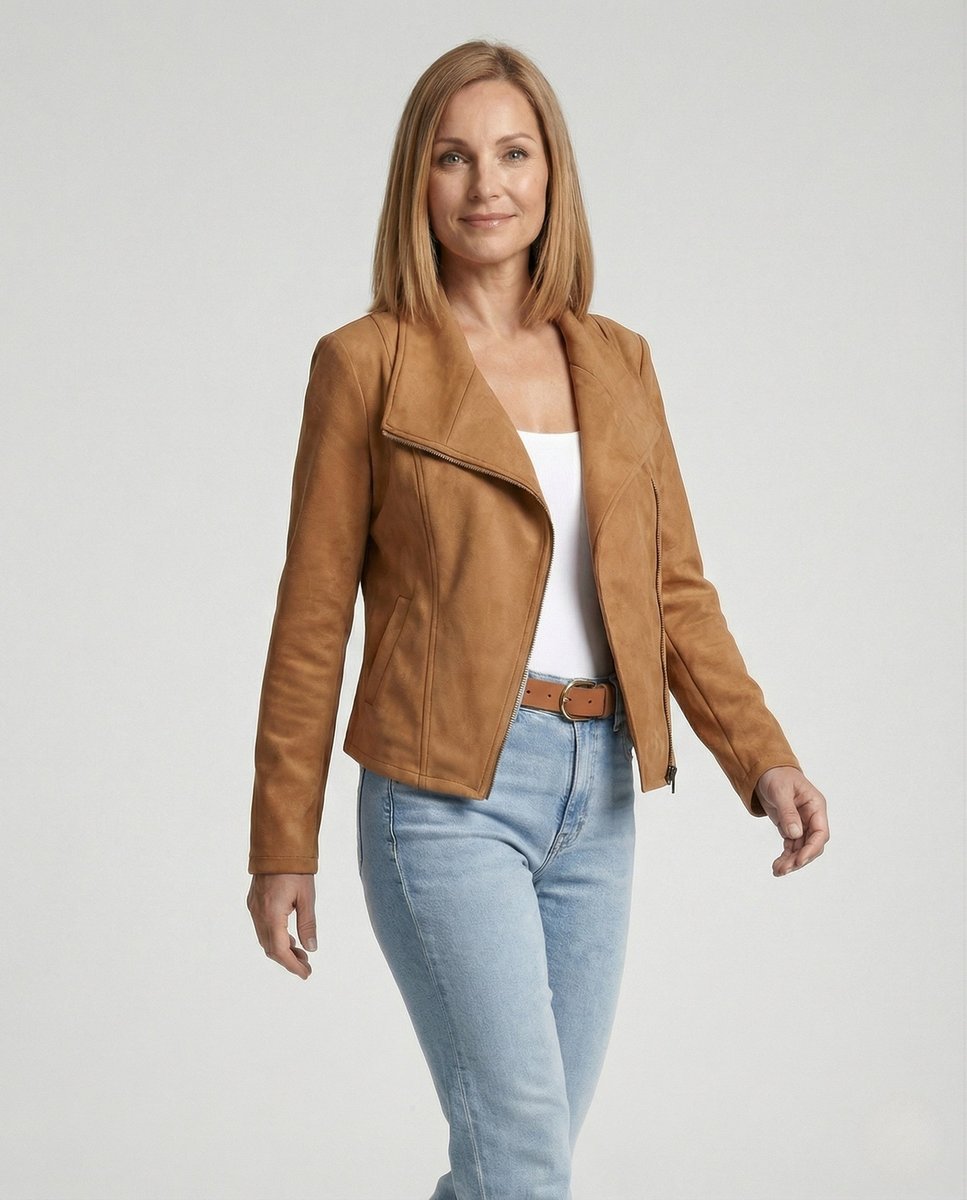 Elegant Suede Moto Jacket for Women with Wide Lapel Long Sleeve Zip Front Fitted Style