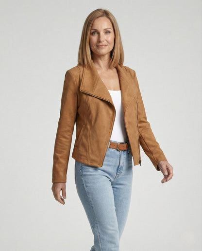 Elegant Suede Moto Jacket for Women with Wide Lapel Long Sleeve Zip Front Fitted Style