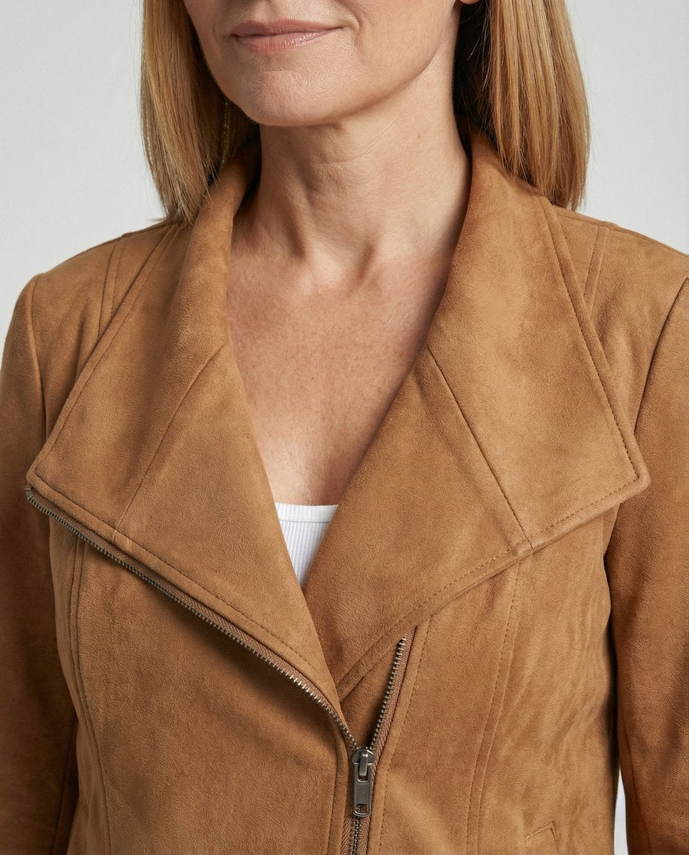 Elegant Suede Moto Jacket for Women with Wide Lapel Long Sleeve Zip Front Fitted Style
