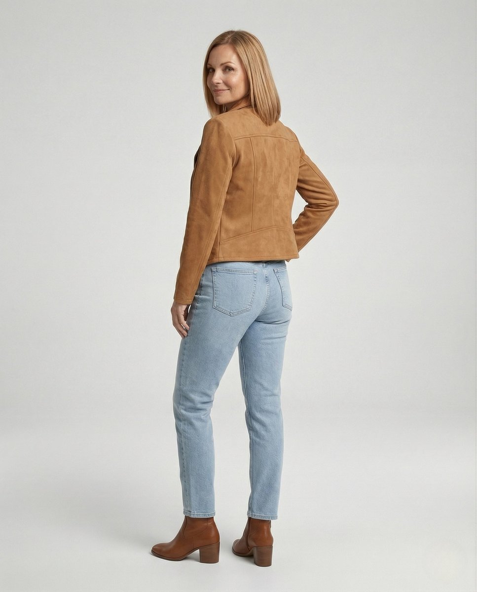 Elegant Suede Moto Jacket for Women with Wide Lapel Long Sleeve Zip Front Fitted Style