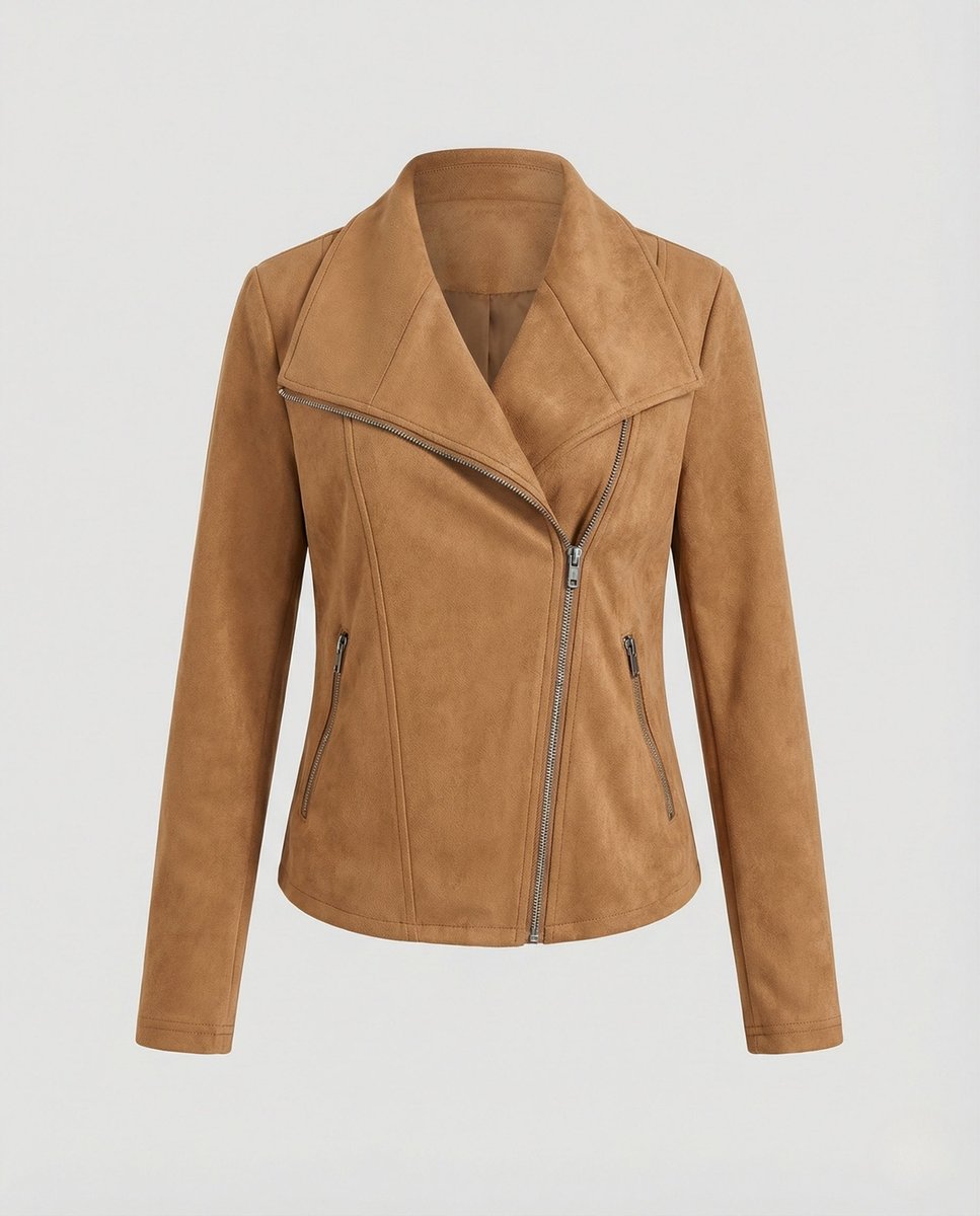 Elegant Suede Moto Jacket for Women with Wide Lapel Long Sleeve Zip Front Fitted Style
