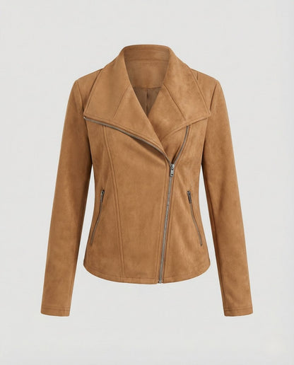Elegant Suede Moto Jacket for Women with Wide Lapel Long Sleeve Zip Front Fitted Style