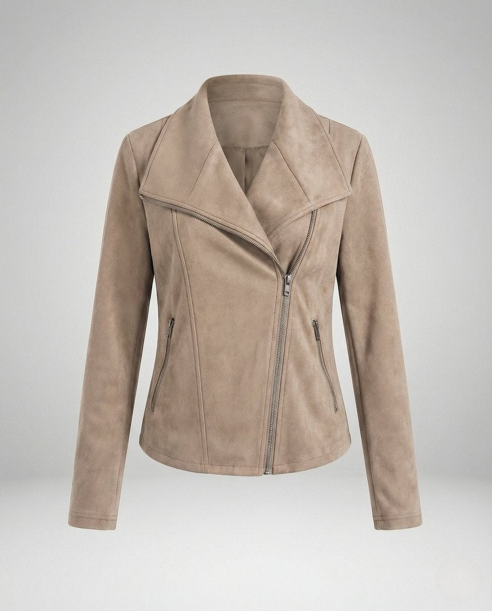 Elegant Suede Moto Jacket for Women with Wide Lapel Long Sleeve Zip Front Fitted Style