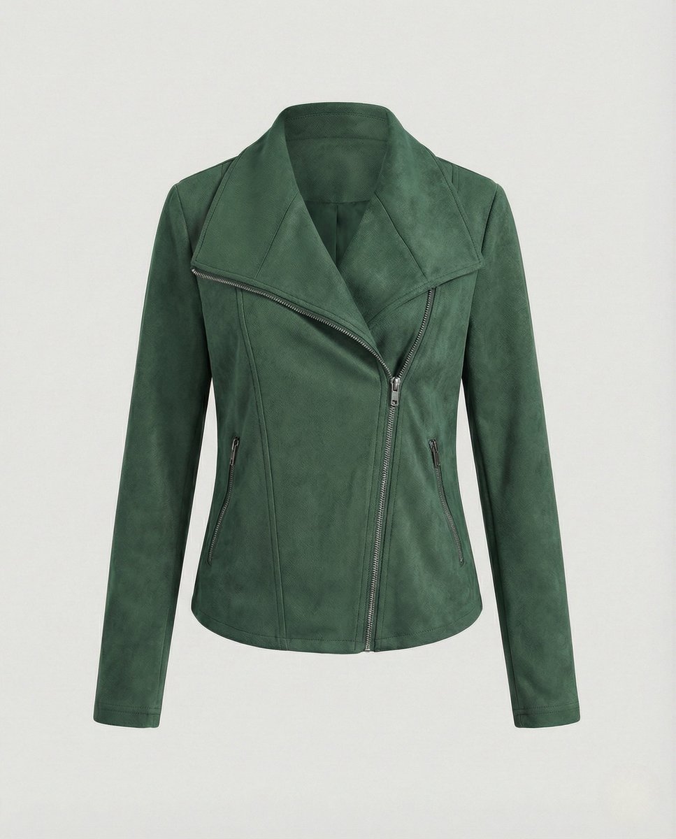 Elegant Suede Moto Jacket for Women with Wide Lapel Long Sleeve Zip Front Fitted Style
