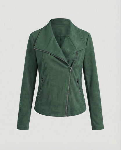 Elegant Suede Moto Jacket for Women with Wide Lapel Long Sleeve Zip Front Fitted Style
