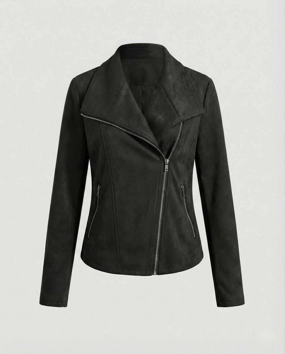 Elegant Suede Moto Jacket for Women with Wide Lapel Long Sleeve Zip Front Fitted Style