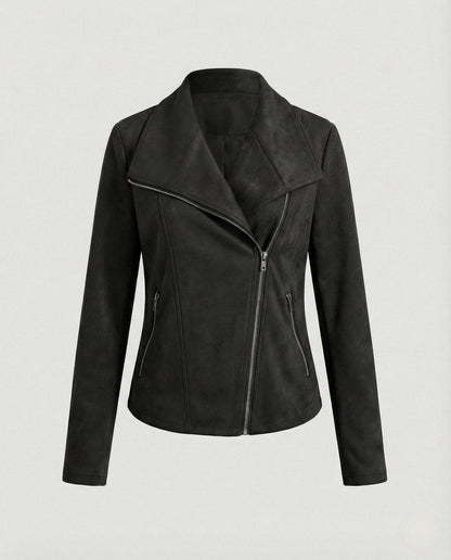 Elegant Suede Moto Jacket for Women with Wide Lapel Long Sleeve Zip Front Fitted Style