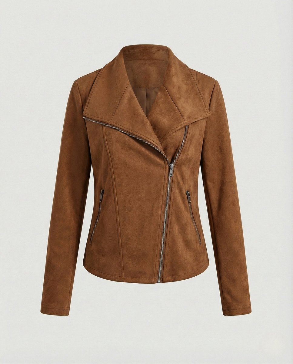 Elegant Suede Moto Jacket for Women with Wide Lapel Long Sleeve Zip Front Fitted Style