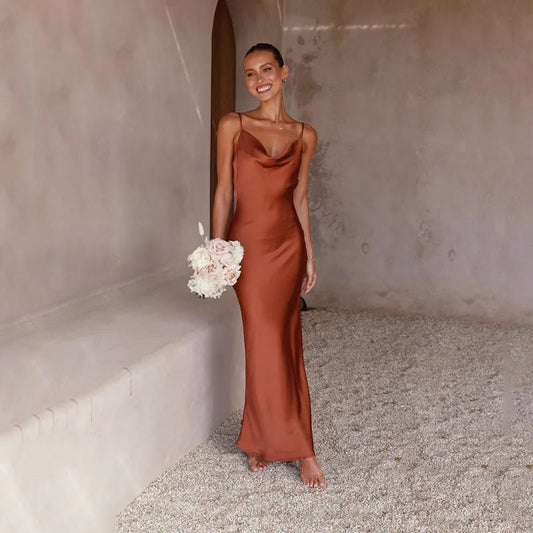 Elegant Satin Maxi Dress for Women with Cowl Neck Spaghetti Strap Backless Formal Wedding Guest Style
