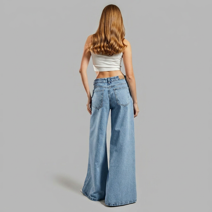 Effortless Blue Wide Leg Jeans for Women with High Waist Mesh Slit Pearl Embellished Flare Style