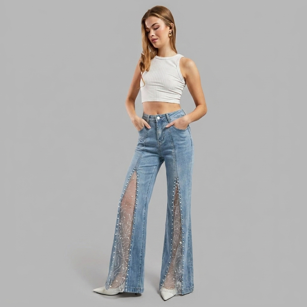 Effortless Blue Wide Leg Jeans for Women with High Waist Mesh Slit Pearl Embellished Flare Style
