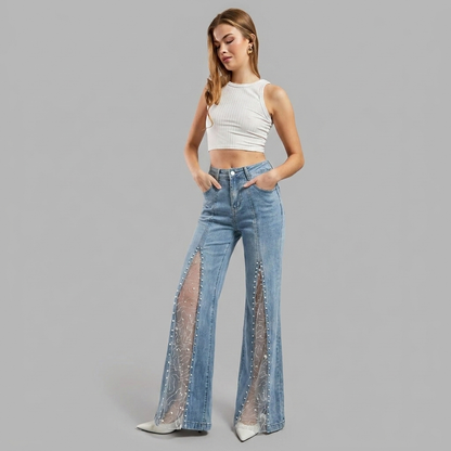 Effortless Blue Wide Leg Jeans for Women with High Waist Mesh Slit Pearl Embellished Flare Style