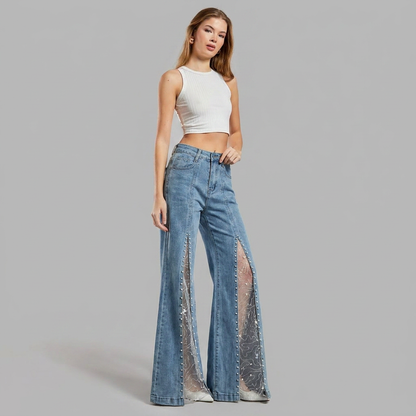 Effortless Blue Wide Leg Jeans for Women with High Waist Mesh Slit Pearl Embellished Flare Style