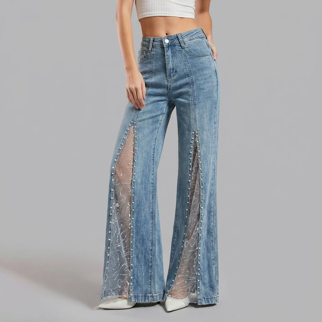 Effortless Blue Wide Leg Jeans for Women with High Waist Mesh Slit Pearl Embellished Flare Style