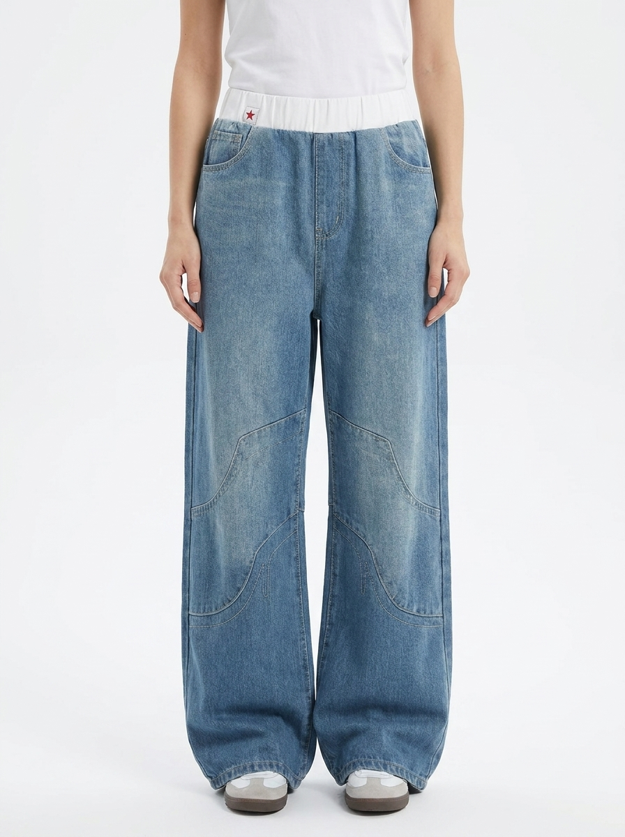 Effortless Light Blue Denim Wide Leg Jeans for Women with Elastic Waistband Curved Seam Relaxed Style