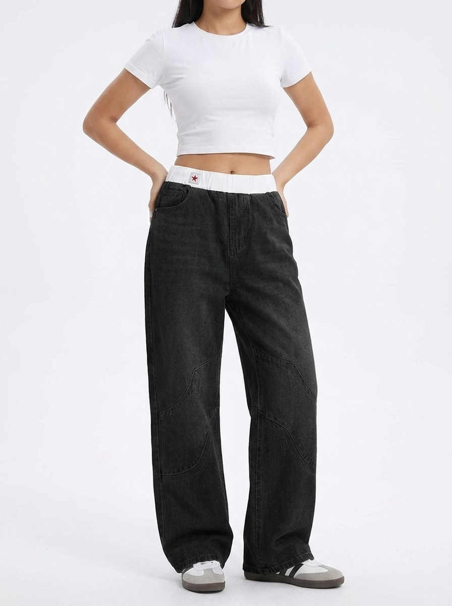 Effortless Light Blue Denim Wide Leg Jeans for Women with Elastic Waistband Curved Seam Relaxed Style