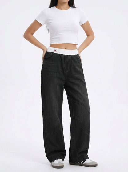 Effortless Light Blue Denim Wide Leg Jeans for Women with Elastic Waistband Curved Seam Relaxed Style