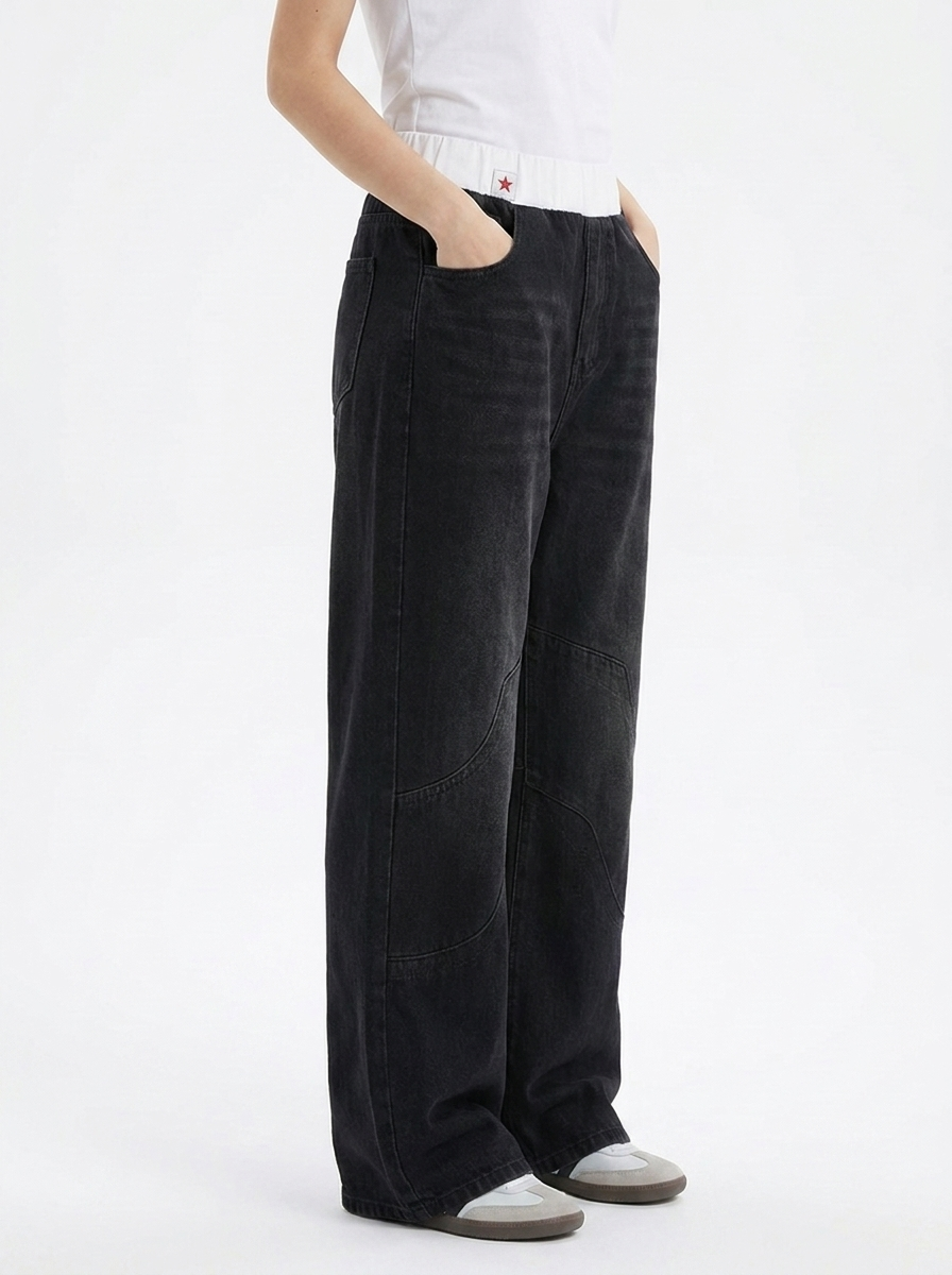 Effortless Light Blue Denim Wide Leg Jeans for Women with Elastic Waistband Curved Seam Relaxed Style