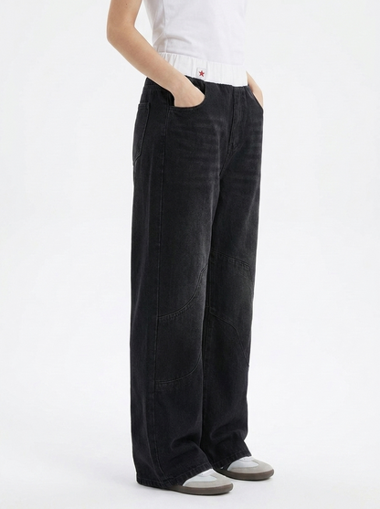 Effortless Light Blue Denim Wide Leg Jeans for Women with Elastic Waistband Curved Seam Relaxed Style