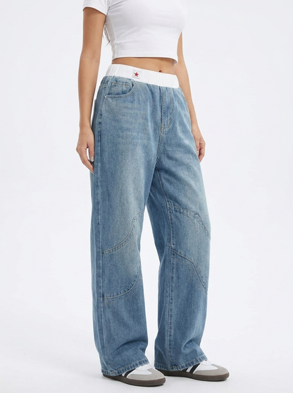 Effortless Light Blue Denim Wide Leg Jeans for Women with Elastic Waistband Curved Seam Relaxed Style