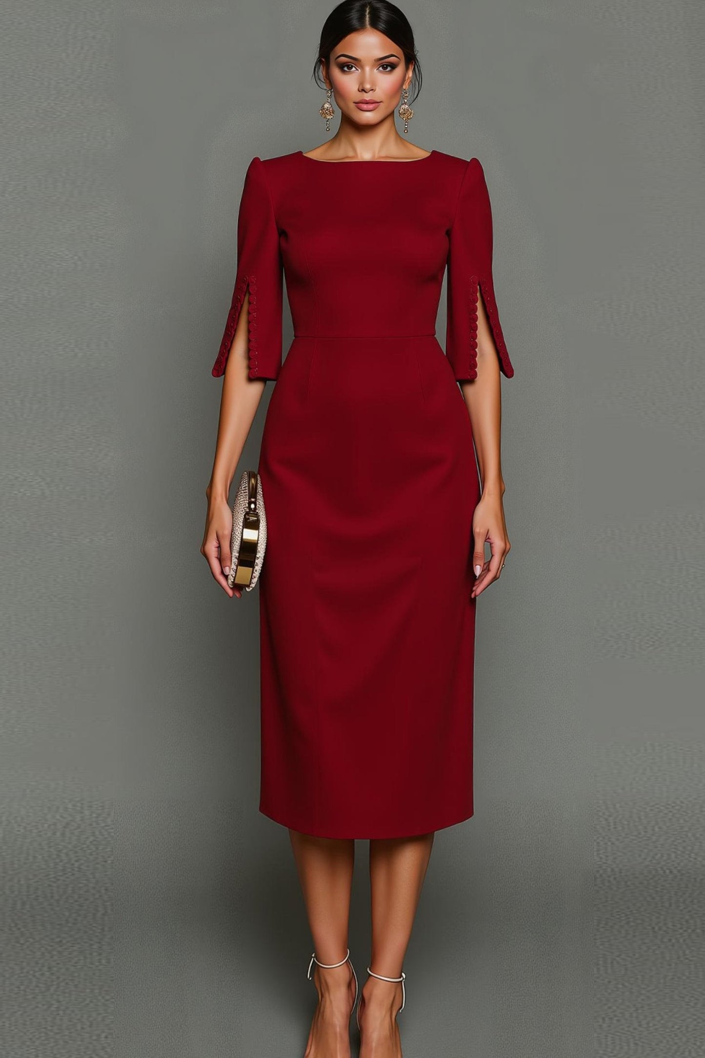 Elegant Cocktail Dress for Women with Round Neck Half Sleeve Bodycon Midi Formal Style