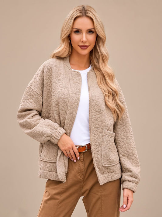 Cozy Beige Quilted Bomber Jacket for Women with Stand Collar Long Sleeve Zip Winter Style