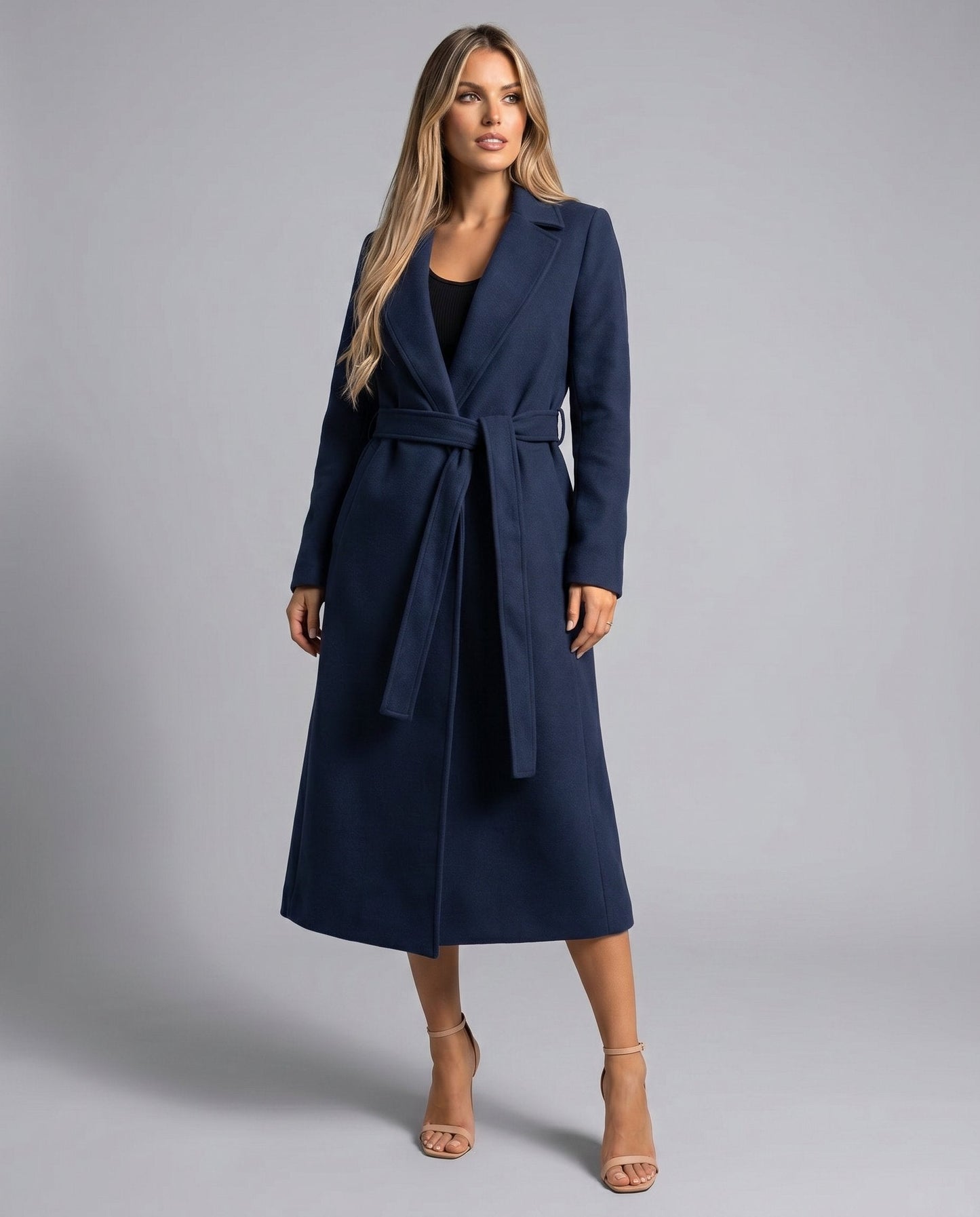 Elegant Navy Trench Coat for Women with Belted Wool-Blend Long Lapel Style