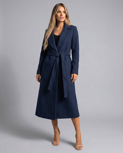 Elegant Navy Trench Coat for Women with Belted Wool-Blend Long Lapel Style