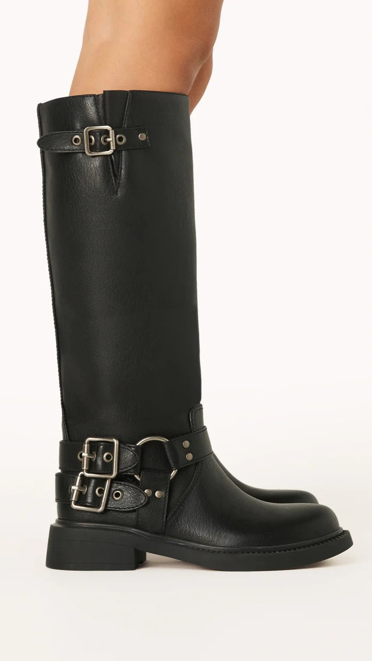 Stylish Black Leather Knee High Boots for Women with Buckle Harness Zip Closure Moto Style