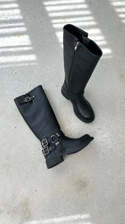 Stylish Black Leather Knee High Boots for Women with Buckle Harness Zip Closure Moto Style