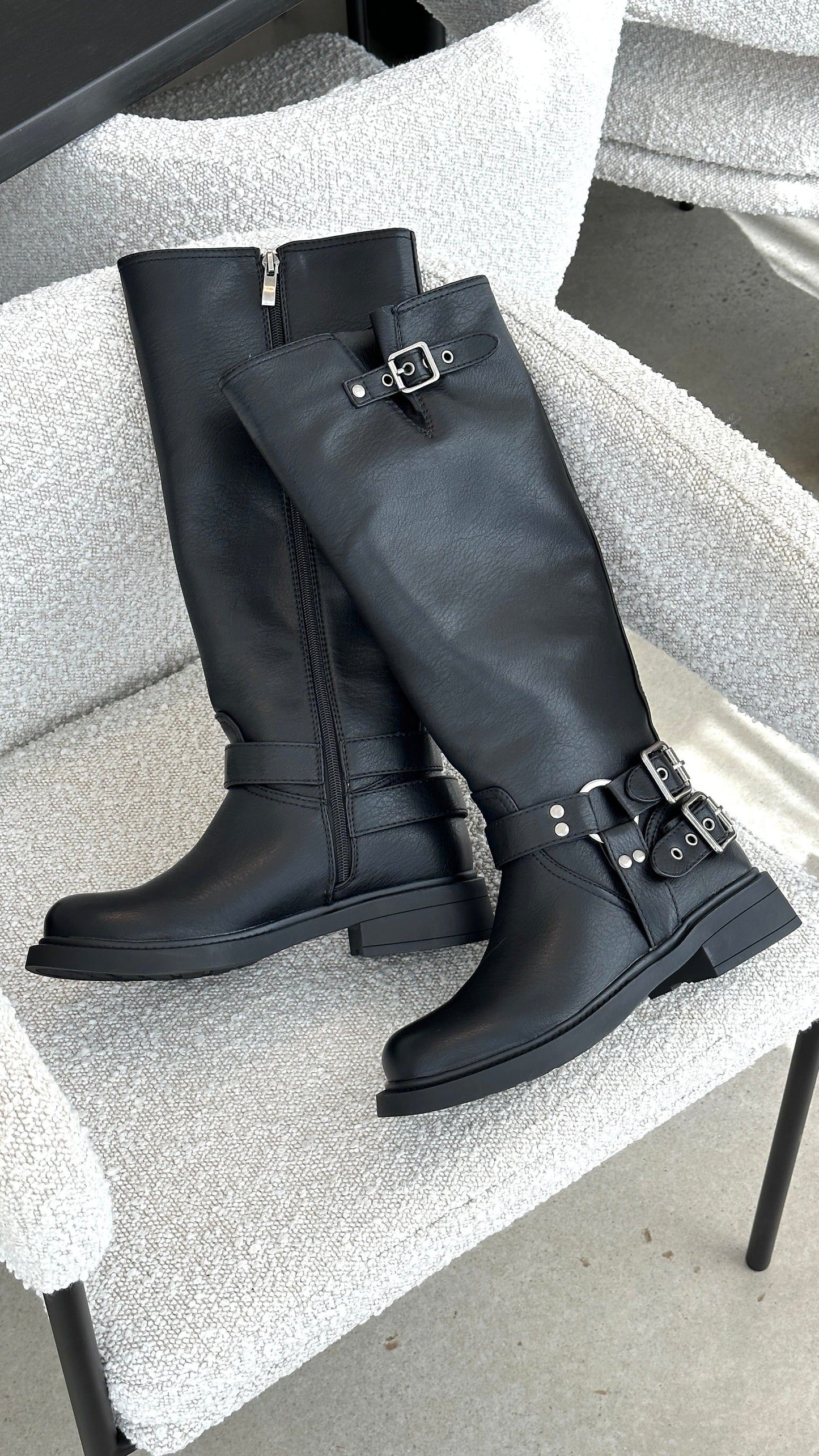Stylish Black Leather Knee High Boots for Women with Buckle Harness Zip Closure Moto Style