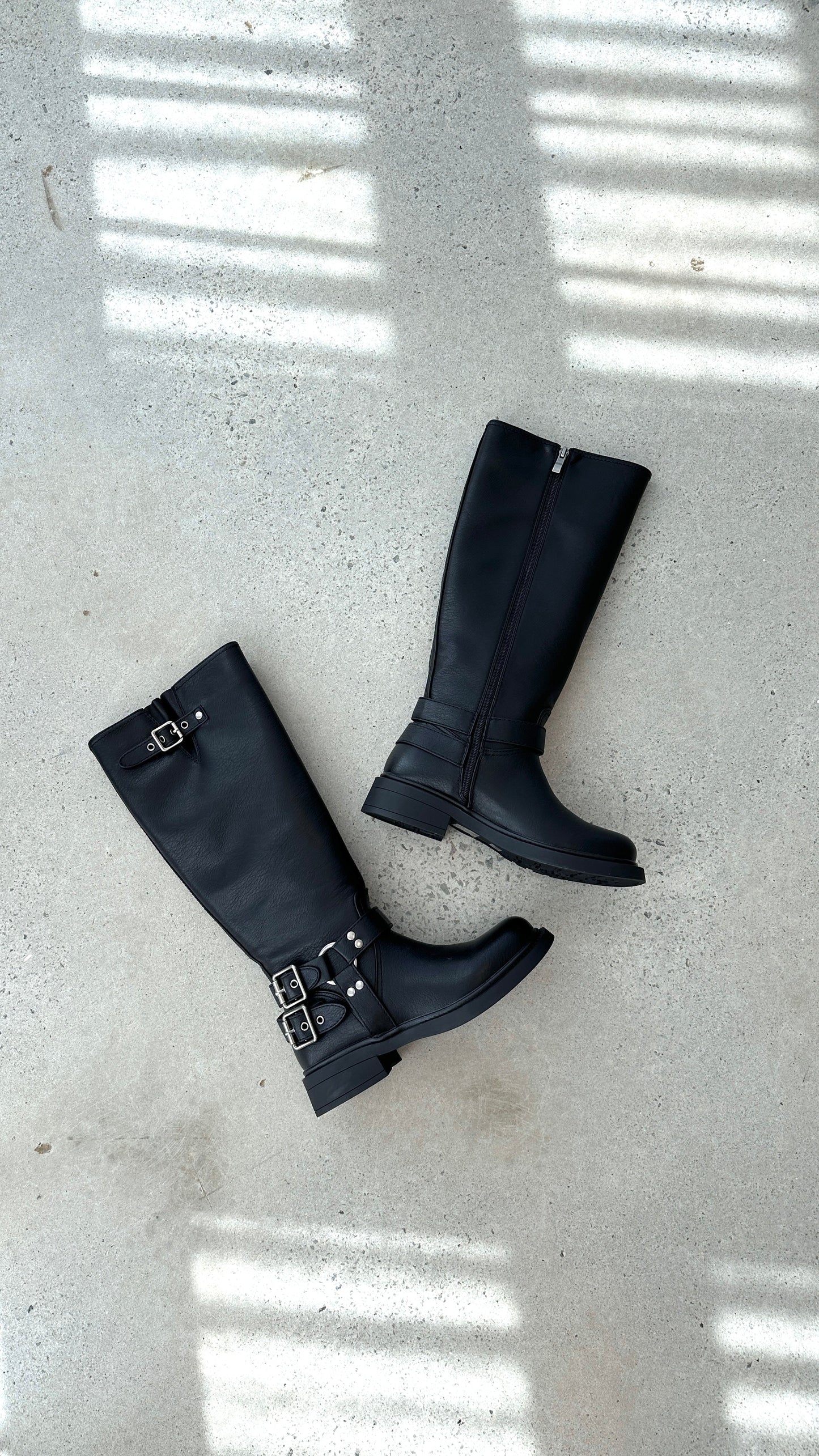 Stylish Black Leather Knee High Boots for Women with Buckle Harness Zip Closure Moto Style