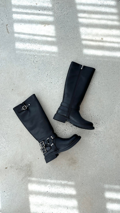 Stylish Black Leather Knee High Boots for Women with Buckle Harness Zip Closure Moto Style
