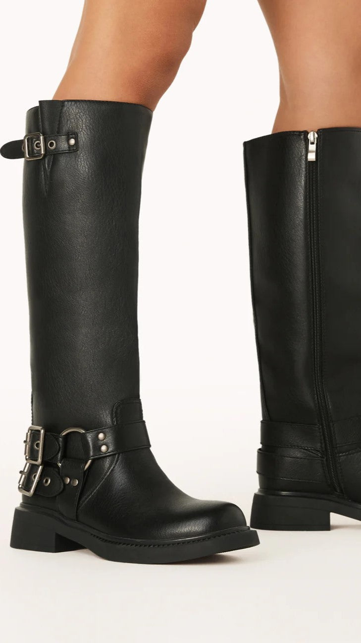 Stylish Black Leather Knee High Boots for Women with Buckle Harness Zip Closure Moto Style