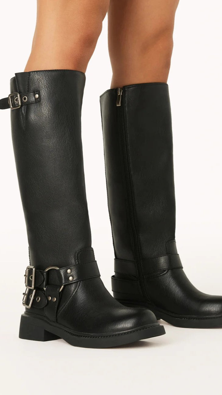 Stylish Black Leather Knee High Boots for Women with Buckle Harness Zip Closure Moto Style