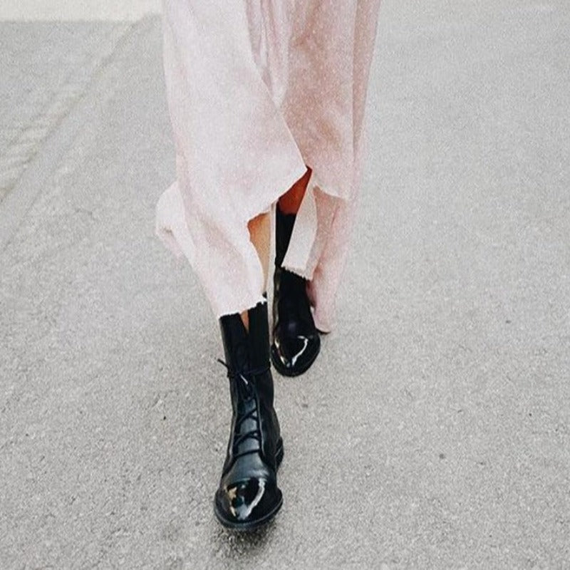 Elegant Black Leather Women's Boots for Women with Cap Toe Lace Up Block Heel Combat Style