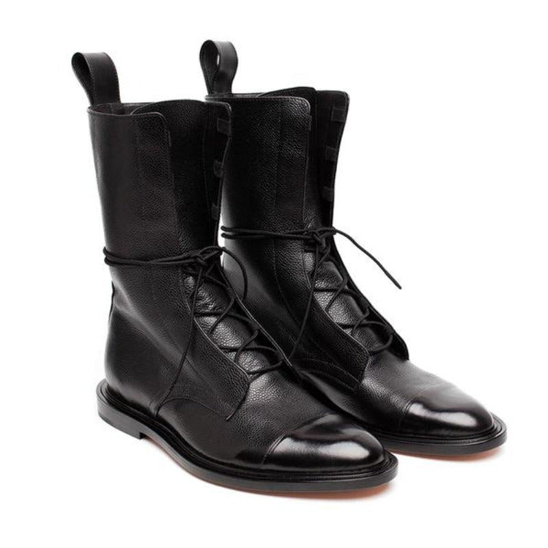 Elegant Black Leather Women's Boots for Women with Cap Toe Lace Up Block Heel Combat Style