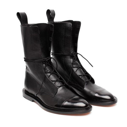 Elegant Black Leather Women's Boots for Women with Cap Toe Lace Up Block Heel Combat Style