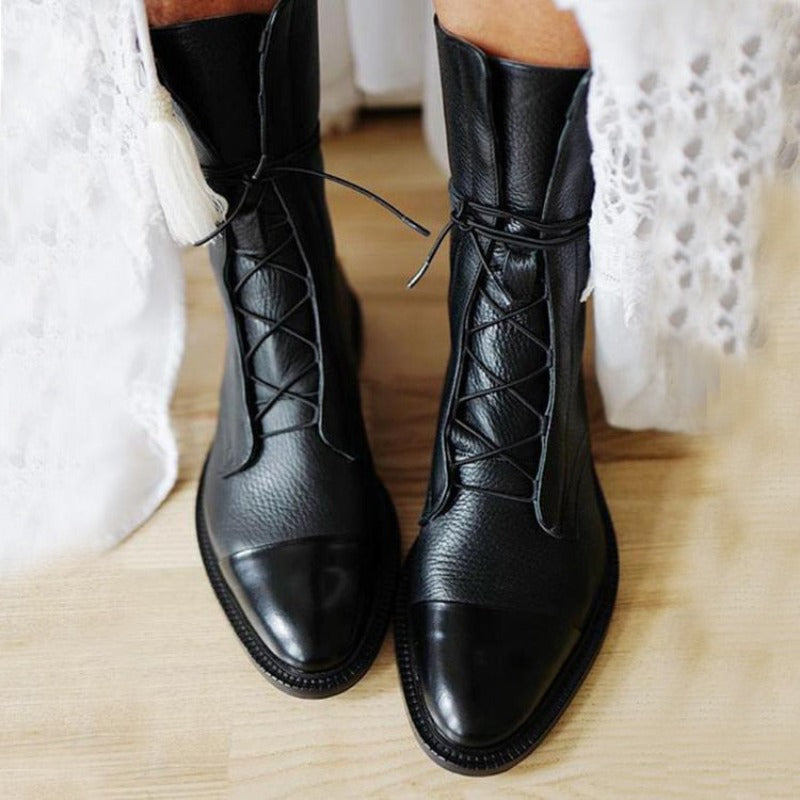 Elegant Black Leather Women's Boots for Women with Cap Toe Lace Up Block Heel Combat Style