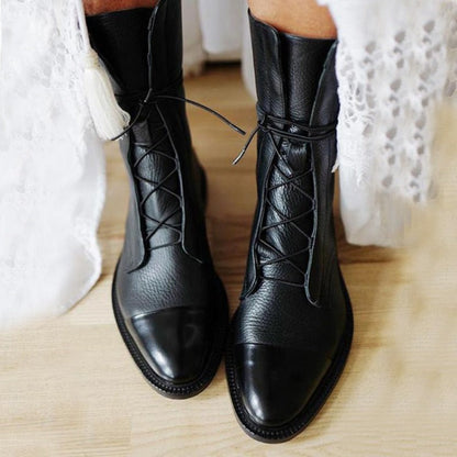 Elegant Black Leather Women's Boots for Women with Cap Toe Lace Up Block Heel Combat Style
