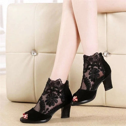 Elegant Black Heels for Women with Peep Toe Floral Lace Mesh Block Heel Ankle Style