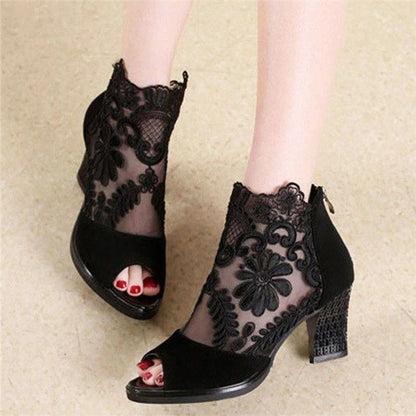 Elegant Black Heels for Women with Peep Toe Floral Lace Mesh Block Heel Ankle Style