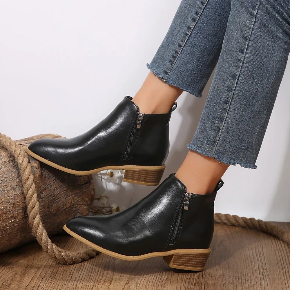 Sleek Black Boots for Women with Leather Side Zip Pointed Toe Block Heel Ankle Style