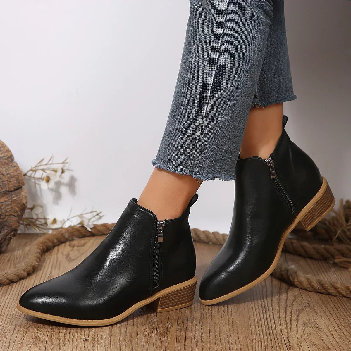 Sleek Black Boots for Women with Leather Side Zip Pointed Toe Block Heel Ankle Style