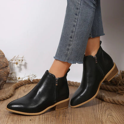 Sleek Black Boots for Women with Leather Side Zip Pointed Toe Block Heel Ankle Style