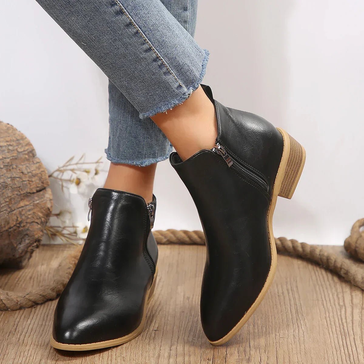 Sleek Black Boots for Women with Leather Side Zip Pointed Toe Block Heel Ankle Style